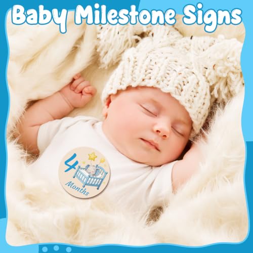 Image of Wooden Baby Monthly Milestone Cards Double Sided Baby Birth Sign Elephant | Hello World Milestone Sign Discs Pregnancy Baby Shower Gifts for Newborn Photo Props