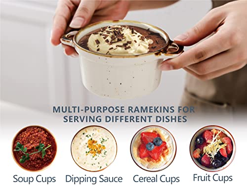 ONEMORE Ceramic Ramekins with Lids – 6oz, Set of 4 – Oven Secure Small Casserole Dish with Handles – Cocotte Set for Particular person Serving – Creamy White