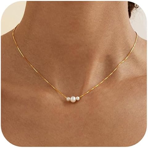 Gold Pearl Necklaces for Women Trendy, 14K Gold Plated Dainty Necklace Simple Layer...