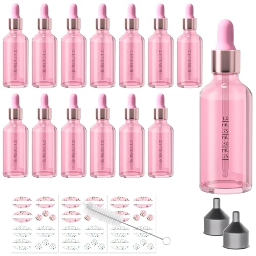 CycleMore 2 oz Pink Glass Dropper Bottles with Glass Scales, 12 Pack Tincture Bottles with Labels and Funnels for Perfumes, Essential Oils & Makeup