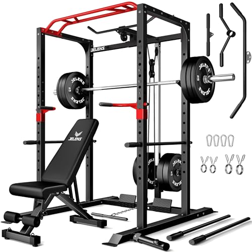 Image of JELENS S11 Power Cage, 2000LB Multi-Function Power Rack with LAT Pulldown, Squat Rack with Adjustable Pulley System and Training Attachments, Weight Rack for Home Gym