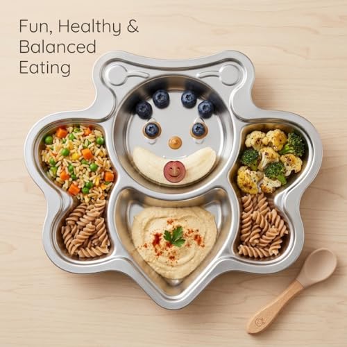 Image of Happy Hues Stainless Steel Divided Meal Plate Tray-3 Compartments Dinner Dish for Baby (BEE)