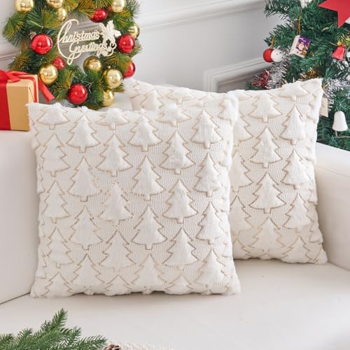Brylleii 2er Set Kissenbezüge Weihnachten Samt Beige 40x40 cm Kiefern...