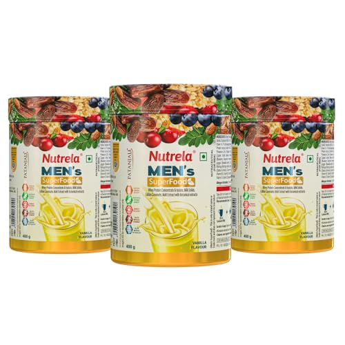 Image of NUTRELA Men Superfoods With Whey Protein Powder - 400g, Vanilla Flavor | Everyday Fitness with Biofermented Multivitamins & Whey Protein to support in Bone & Joints Health, Muscle | Pack of 3