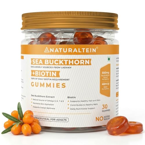 Image of Naturaltein Sea Buckthorn Gummies with Biotin | 30 Gummies | Rich in Vitamin C, A, E & B-Complex | Naturally Occurring Antioxidants, Minerals & Amino Acids | Omega 3, 6, 7 & 9 | 500mg Extract + 40mcg Biotin | Supports Hair, Skin & Nails | No Added Sugar