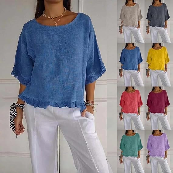 2PCS Round Neck Ruffled Hem Mid-Sleeve Cotton and Linen Top, Casual Short Sleeve Blouses Linen Tops for Women (S,07)