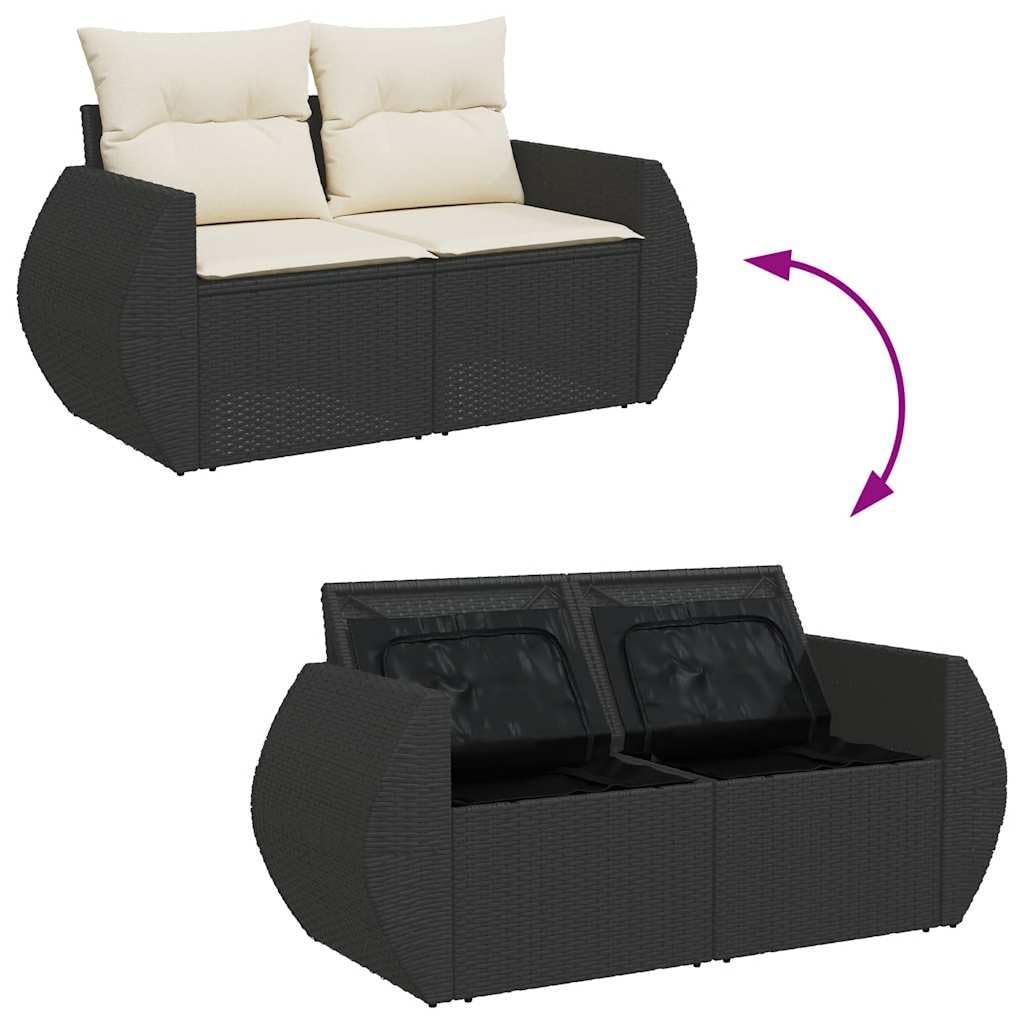 Set divani da giardino con cuscini polyrattan nero per terrazza patio veranda arredo esterno lounge modulare resistente metallo e legno per relax pranzo conversazione con tavolo e sedie
