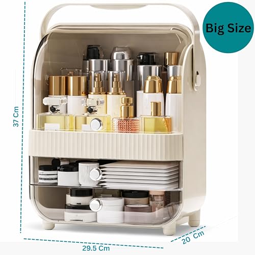 Image of JIALTO Large Cosmetic Organizer Box with Handle - Dustproof Makeup Storage Cabinet with Drawer, Skincare & Perfume Organizer for Vanity, Dressing Table & Bathroom Countertop (37x29.5x20 cm, Cream)
