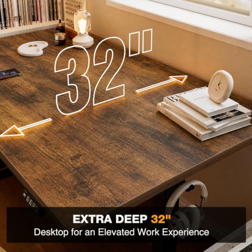 Image of Grandder 55x32 Extra-Deep Electric Standing Desk, Wide Desktop Fits 49 inch Ultrawide Monitor+Dual Screens, 176 lbs Capacity, 2 Memory Presets, Computer Desk for Home Office & Gaming, Rustic Brown