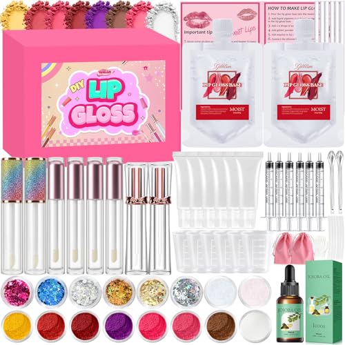 Gdblsm Lip Gloss Making Kit- DIY Lip Gloss Set for Women Make Your Own Lip Gloss with Moisturizing Lip Gloss Base Pigments Glitter Jojoba Oil Fun Lipstick Making Kit Gifts for Women Makeup Lover