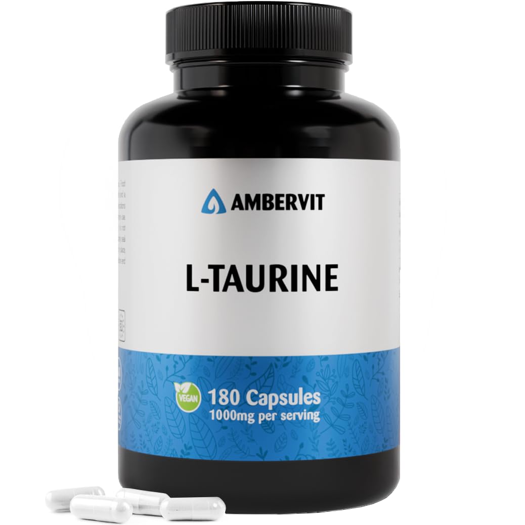 Taurina Integratore 1000 mg – 180 capsule – Scorta per 3 mesi - Aminoacido Vegano, Facile da Ingerire, Alto Dosaggio e Senza Riempitivi Artificiali | Senza Allergeni e Senza Glutine | Ambervit