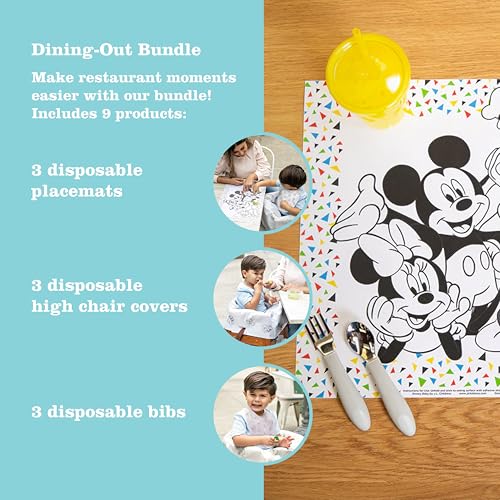 Image of J.L. Childress Disney Baby Disposable Dining Out Bundle 3 Pack - Mickey | Each bundle includes high chair cover, ColorMe placemat & baby bib making on-the-go travel meals cleaner, easier & more fun!