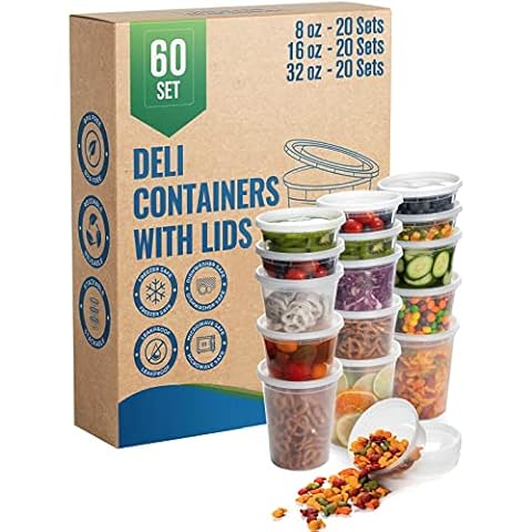 Deli Containers with Airtight Lids 60 Set (8oz-20 Set, 16oz-20 Set, 32oz-20 Set) Perfect for Slime, Portion Control, Microwavable, Dishwasher, Freezer Safe, Leakproof, Stackable Cover