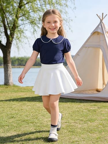 Image of 12M-14Y Toddler Baby Girls Peter Pan Collar Blouse Kids Girl Solid Color Puff Sleeve T-Shirts Casual Tee Tops