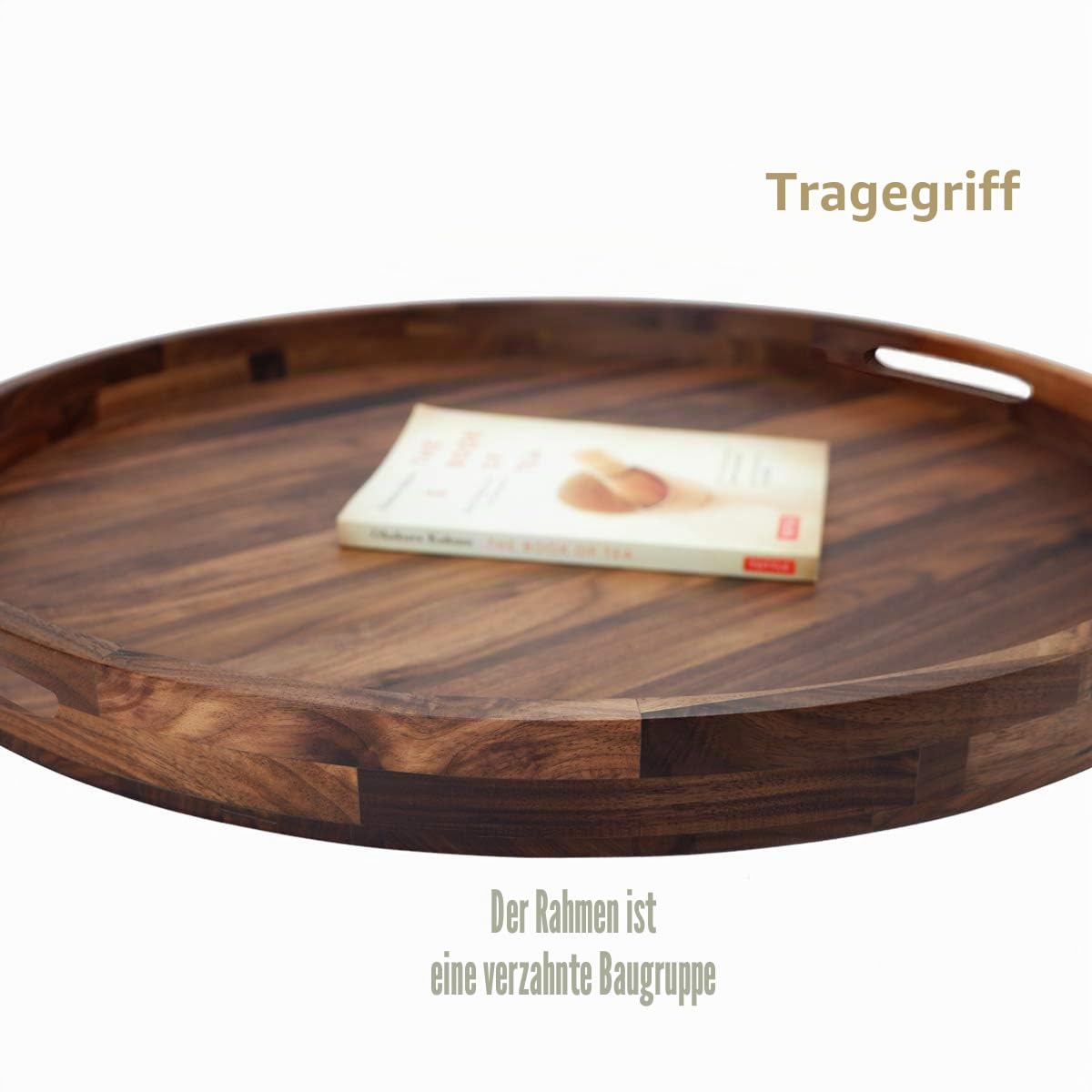 Extra großes rundes Tablett aus schwarzem Walnussholz, 61 cm, mit Griffen, zum Servieren von Tee, Kaffee oder Frühstück im Bett, klassisches rundes dekoratives Serviertablett aus Holz