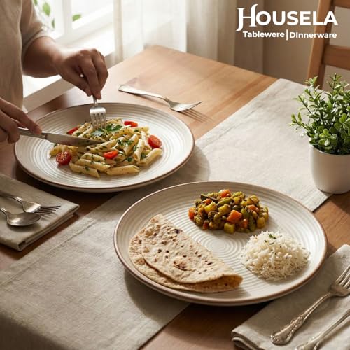 Image of inchHOUSELA Premium Ceramic Dinner Set 12-Piece for 6 - Microwave & Dishwasher Safe Dinnerware | 6 Dinner Plates + 6 Bowls | Modern Rustic Beige | Durable Kitchen Dining Set for Daily Use inch