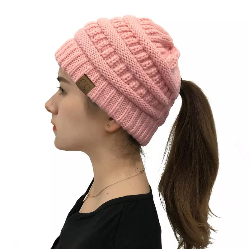 dressify Slouchy Knit Beanie Hat Warm Soft Cable Skull Cap Slouchy Ponytail Beanie with Earflaps Winter Hat for Women/Kids Pink-picture-22