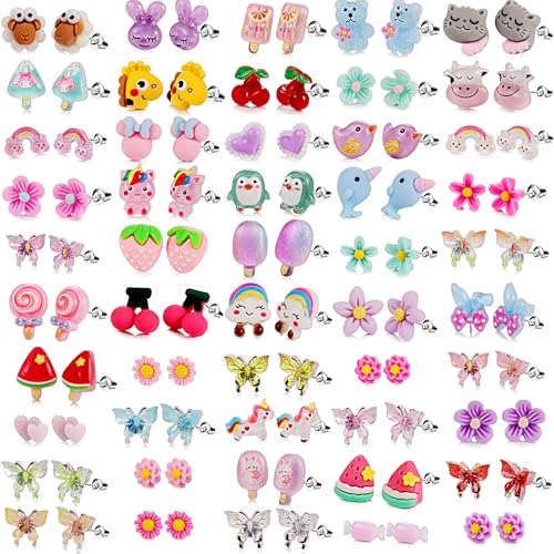 50 Pairs Colorful Cartoon Earring Set for Girls and Kid, Hypoallergenic Earrings for Girls with Surgical Steel Post,Flower Mushroom Pineapple Animal Frog Star Heart