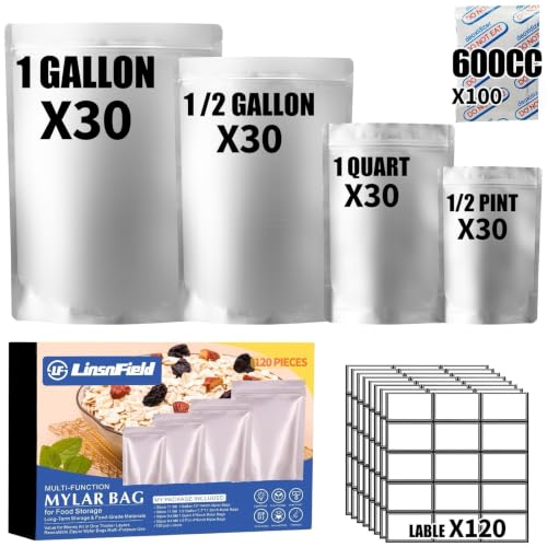 LinsnField 120PCS Mylar Bag Bundle, 4 Multi-Size Pouches(11Mil) with 600CC Oxygen Absorbers, 120 Labels, Heat Sealable, Food Safe, BPA-Free – for Strong, Secure Long Term Food Storage, Silver