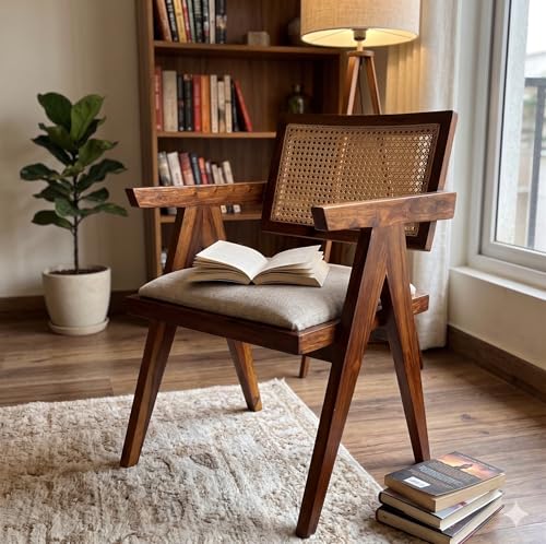 Image of Solid Sheesham Wood Cane Arm Chair with Cushion | Handmade Rattan Accent Chair for Living Room, Balcony, Bedroom & Cafe | Wooden Lounge Armchair | Honey Brown
