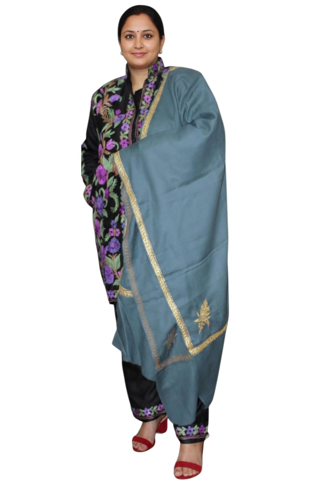 Women’s Semi Pashmina Kashmiri Style Tilla Embroidered Stole | Soft Warm Shawl with Gold Border | Elegant Beige Winter Wrap for Ethnic & Casual Wear-image-42