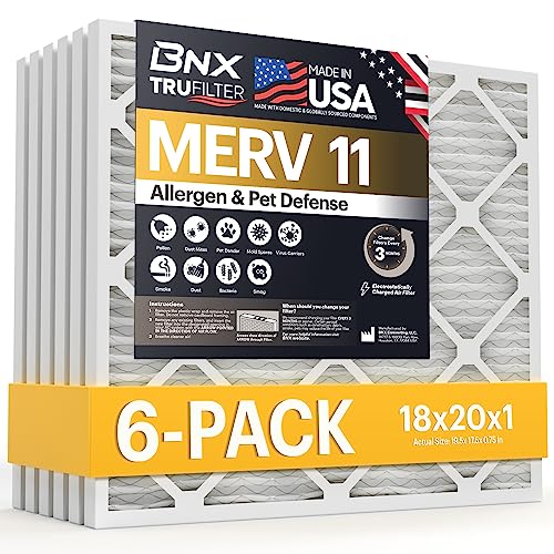 BNX TruFilter 18x20x1 Air Filter MERV 11 (6-Pack) - MADE IN USA - Allergen Defense Electrostatic Pleated Air Conditioner HVAC AC Furnace Filters for Allergies, Dust, Pet, Smoke, Allergy MPR 1200 FPR 7