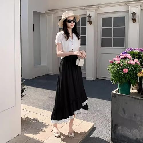 Women's Vintage Midi Skirts Lace Trim High Low Asymmetrical Ruffle High Waisted A-line Flowy Fairy Long Skirts2