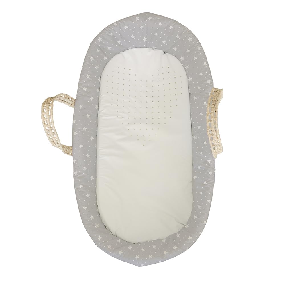 Tanuki Moisés de Mimbre Natural para Bebé con Base de Madera - Hecho a Mano - Colchón Incluido - Estilo nórdico Stars&Dots Gris