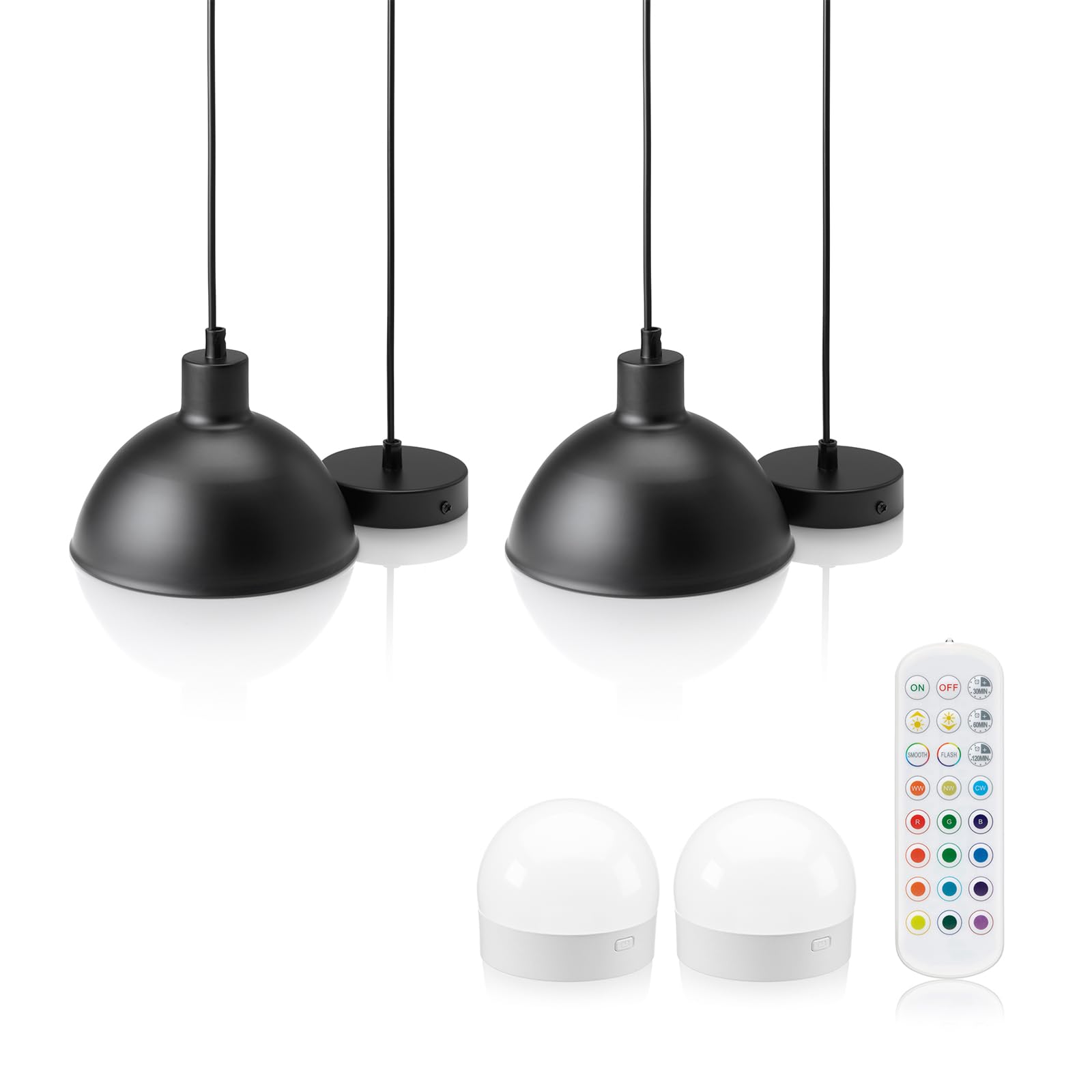 Auraglow Rechargeable Wireless Pendant Light with Remote – Cordless, Battery-Powered, Dimmable, Colour-Changing (Black, 2 Lamps, 2 Light Sources, 1 Remote)
