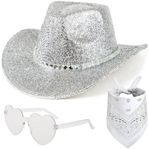 Spiritzohic Cowboy Hat for Women Western Cowgirl Hat with Bandana and Heart Sunglasses Women Western Hat with Sequin Cowgirl Costume Accessories for Birthday Halloween BachelorParty Cosplay-D