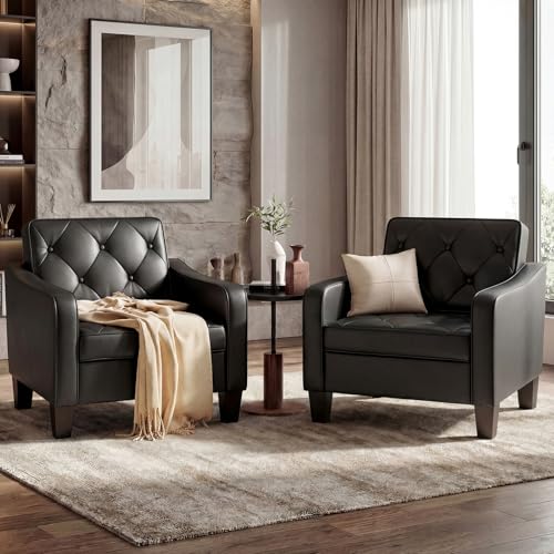 Image of Black Accent Chairs Set 2, Faux Leather Armchair, Mid Century Modern Lobby | STHOUYN Waiting Room Chairs, Tufted Back Upholstered, 330LBS Capacity, Office Guest Chairs Living Room Bedroom