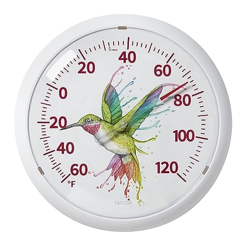 Taylor Watercolor Series Rainbow Hummingbird Indoor Outdoor Dial Thermometer, Decor for Patio, Pool, or Garage, 13.25 Inch, White Bezel