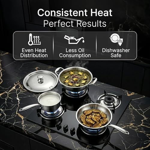 Image of AGARO Regency Triply Cookware Set of 3, 24 cm Kadai (2.7L), 24 cm Fry Pan (2.2L) & 16 cm Saucepan (1.5L), Induction & Gas Compatible, Even Heating, Non-Toxic, Dishwasher Safe cookware for Kitchen
