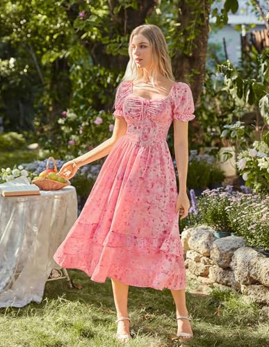 Image of Scarlet Darkness Women Floral Maxi Dress Puff Sleeve Tea Party Corset Dress | Pockets, Ruched Bust, Ruffled Hem, for Cottagecore Fairy Milkmaid Vacation