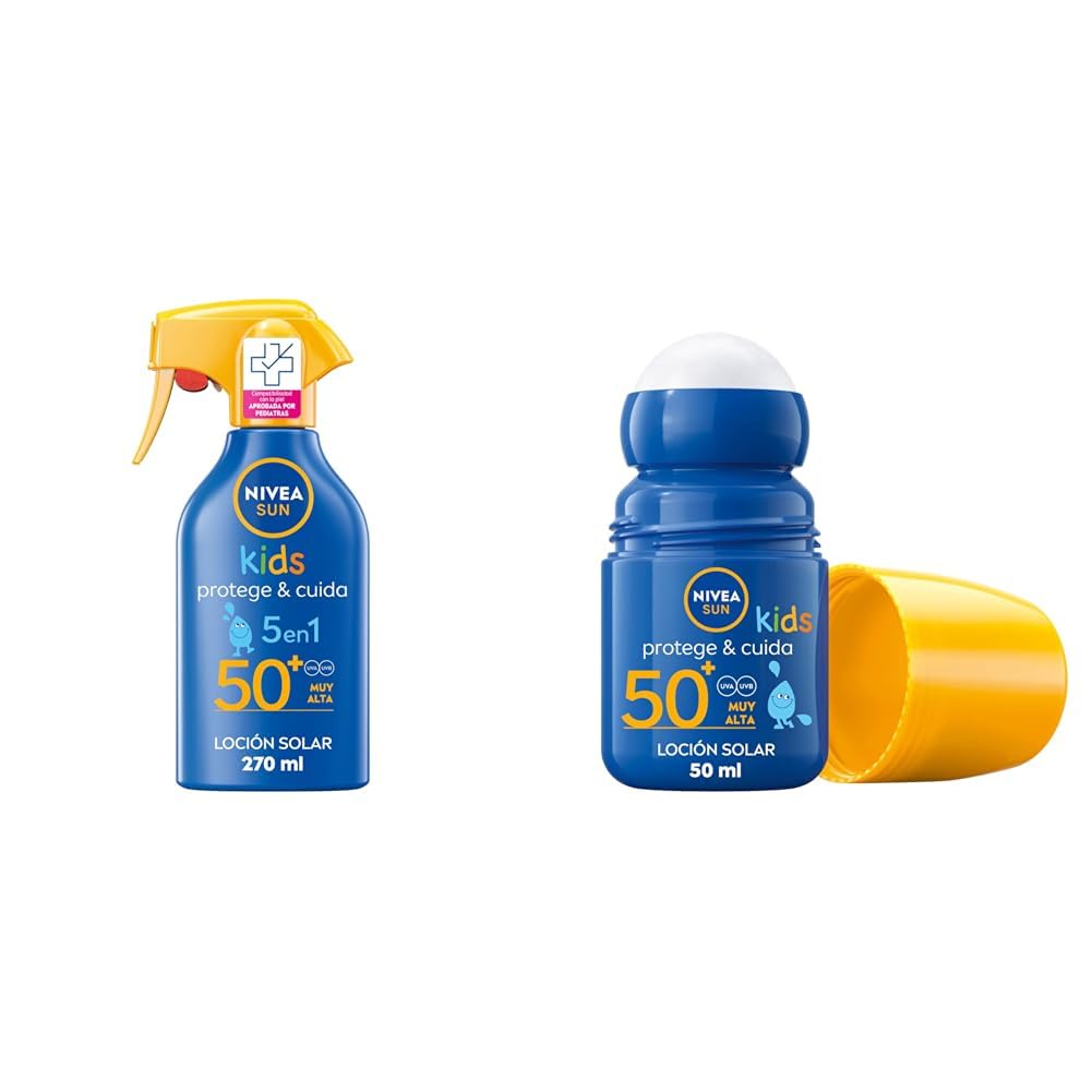 PACK NIVEA SUN Spray Solar Kids Protege & Cuida FP50+ (1 x 270 ml), protector solar para niños + NIVEA SUN Roll-On Solar Kids Protege & Cuida FP50+ (1 x 50 ml), protector solar para niños