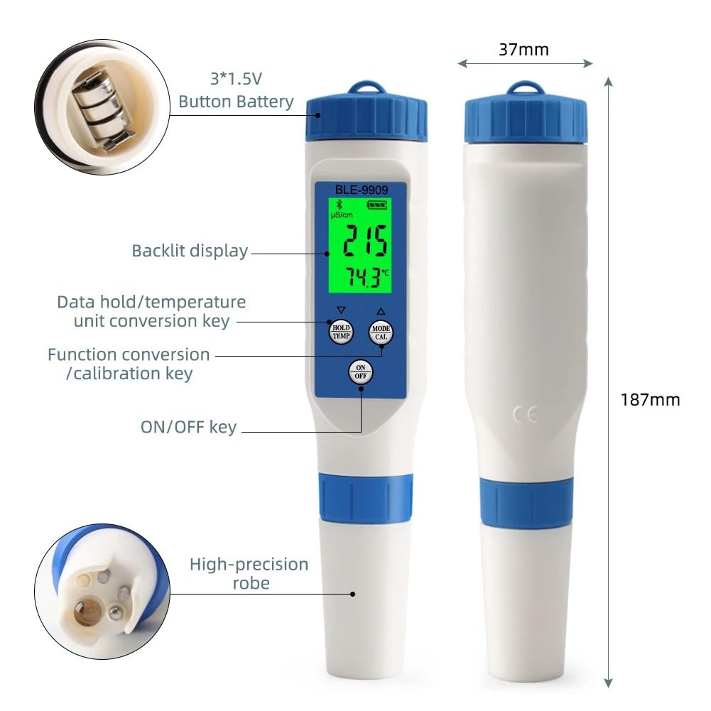 Electrodo de Medidor de PH Digital, termómetro de Probador de Calidad del Agua de Acuario, medidor de PH/EC/salinidad/Temperatura/TDS, Control por aplicación for Piscina