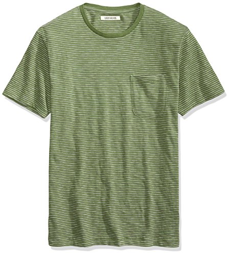 Amazon Brand - Goodthreads Men's Lightweight Slub Crewneck Pocket T-Shirt, Bronze Green/Olive/White Stripe, X-Large