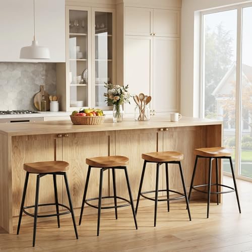 Image of 25'' Backless Swivel Counter Height Bar Stools Set of 2, Solid Wood Saddle Stools with Metal Legs, Modern Wooden Bar Stools for Kitchen Island, Walnut