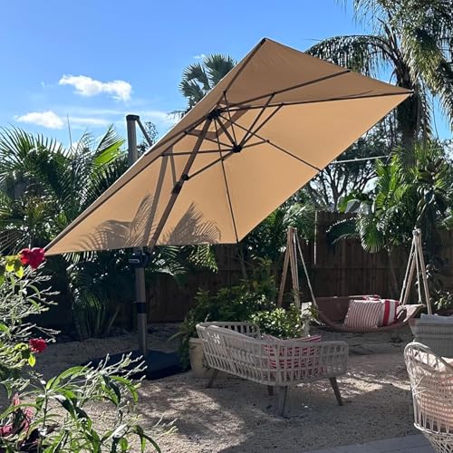 PURPLE LEAF Sonnenschirm 300 x 300 cm Alu Ampelschirm Groß 360° Drehung Gartenschirm mit Kurbel Neigbar UV-beständig 50+ Waterdicht Quadratisch Marktschirm für Garten Cafés, Beige