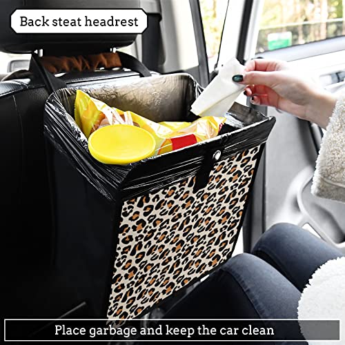 Image of Leopard Car Trash Can, Foldable Hanging Car Trash Bag, Animal Cheetah Print Small Waterproof Car Accessories Garbage Bin