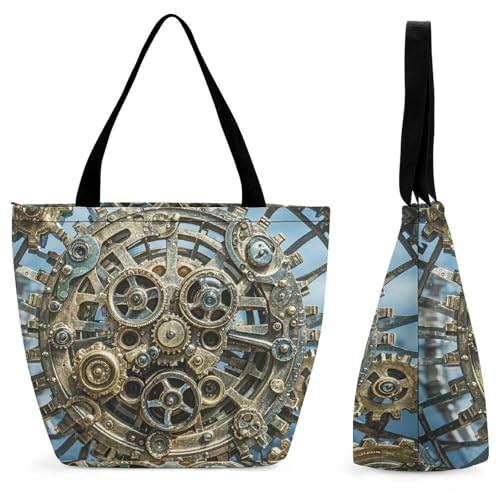 Women Tote Bags with Handles Cool Steampunk Gears Shoulder Bag with Zipper Handbags Shopping Bags Travel Bag Beach Bag Reusable Grocery Bag for Swim Holiday Gift