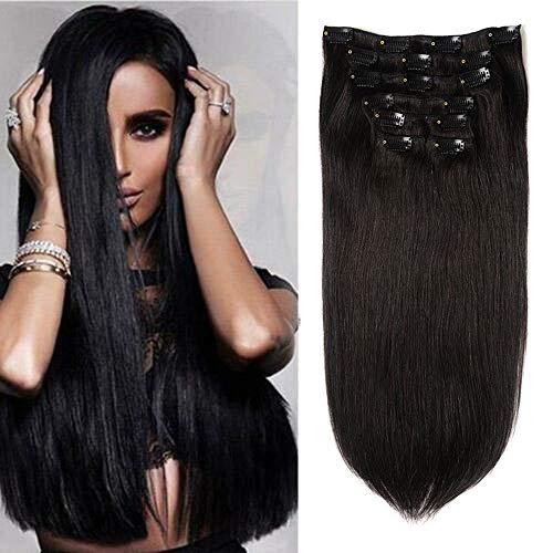Black Clip in Hair Extensions 18 inch Double Weft 100% Real Human Hair Straight Clip on Thick Hair Extensions Grade 8A 7pcs/Lot 100g (18inch #1Jet Black)
