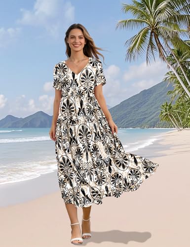 Image of YESNO Women's Summer Maxi Dresses Casual Floral Short Sleeve V Neck Boho Beach Vacation Swing Dress with Pockets EVF