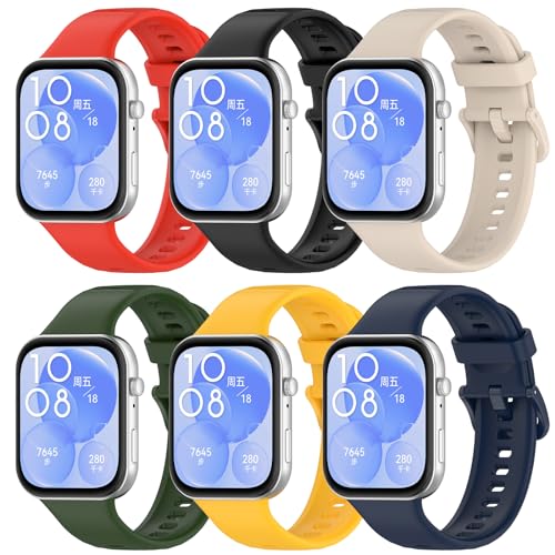 BDIG 6-Piece Adjustable Silicone Replacement Wristbands for Huawei Watch Fit 3 - Ivory/Night Blue/Army Green/Yellow/Red/Black