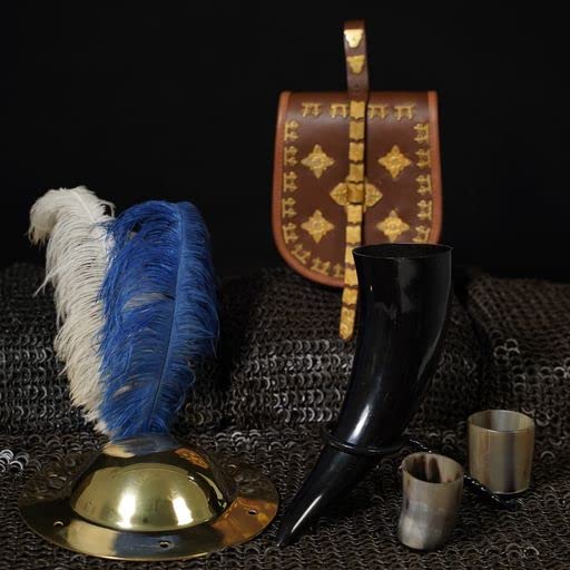 Mythrojan Corne à boire authentique d'inspiration médiévale Viking Wine/Hydromel 500 ml Bundle avec porte-corne de bière forgé à la main et verre à shot en corne de viking, paire de verres à shot
