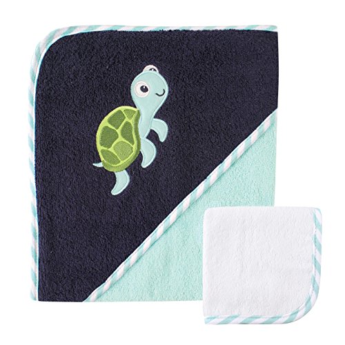 Image of Luvable Friends Unisex Baby Cotton Hooded Towel and Washcloth, Turtle, One Size