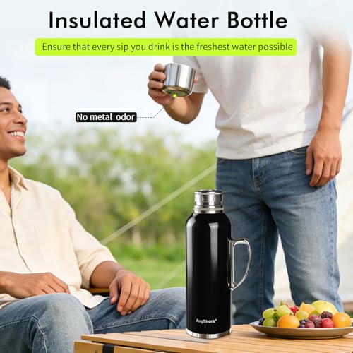 Image of 34 oz Black Insulated Water Bottle, Vacuum Stainless Steel Water Flask Jug with Handle & Metal Mechanical Temperature Measuring Cup Lid, Leakproof Travel Bottle Keep Cold 36h Hot 24h