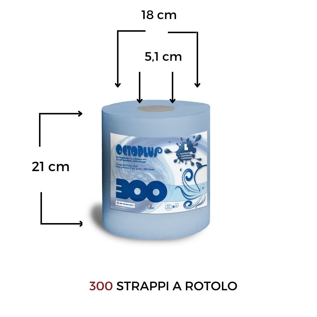 ZPAPER - 6 Monorotoli Blu OCTOPLUS 1800 Strappi totali - Bobine Rotoli Asciugatutto 300 strappi carta Cellulosa Blu 2 Veli Bobina Asciugamano. Scatolati