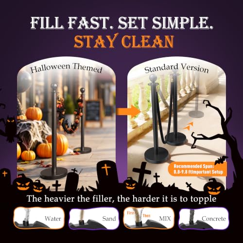 Image of 4 Pack Halloween Black Stanchions and Velvet Ropes Set, Stainless Steel Crowd Control Barriers, 3Pcs Black Ropes and Poles for Party Supplies,Photobooth Accessories, Prom,Halloween Decorations