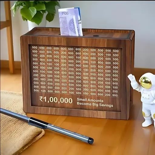 Image of JAYTOP Money Saving Box for Adult 100000, Piggy Bank 100000 for Kids Boys and Girls, Money Box, Wooden Money Bank, Gullak with Carved Design, 1 Lakh Money Savings Box (100000)